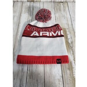 Under Armour Beanie Pom Knit Hat White Red Winter Knitwear